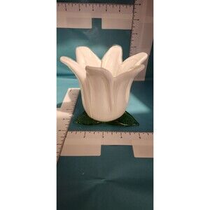 Vintage Art Glass Tulip Vase – White Petals Green Leaf Base Murano Style